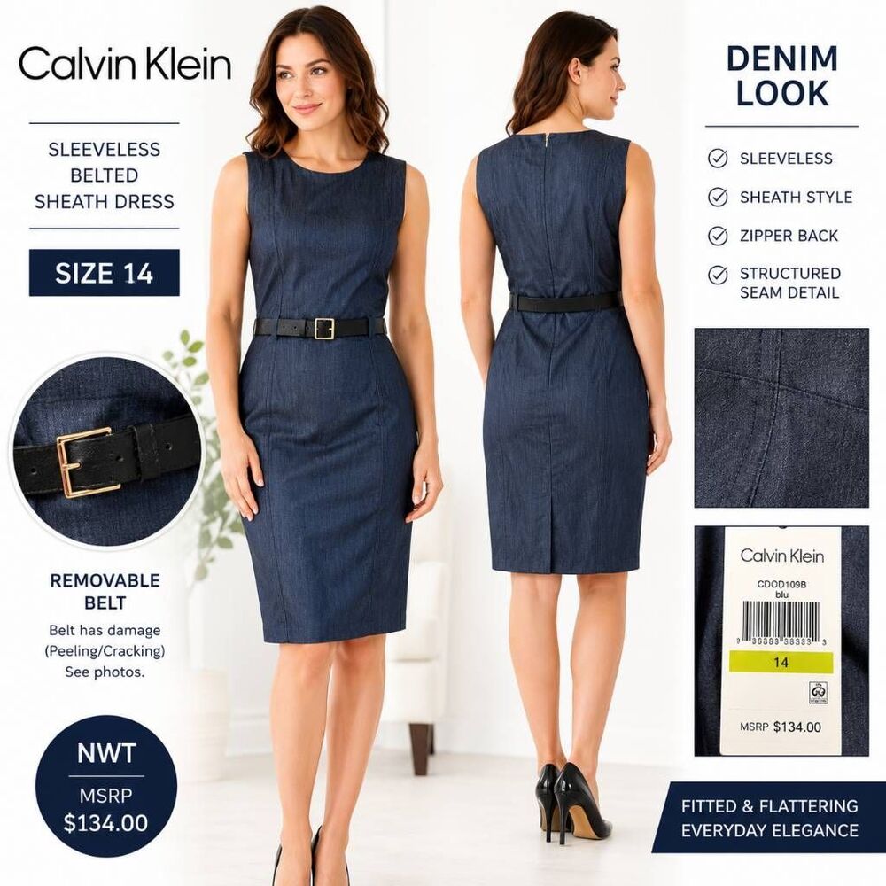 Calvin Klein Women’s Size 14 Blue Denim Look Belted Sheath Dress NWT
